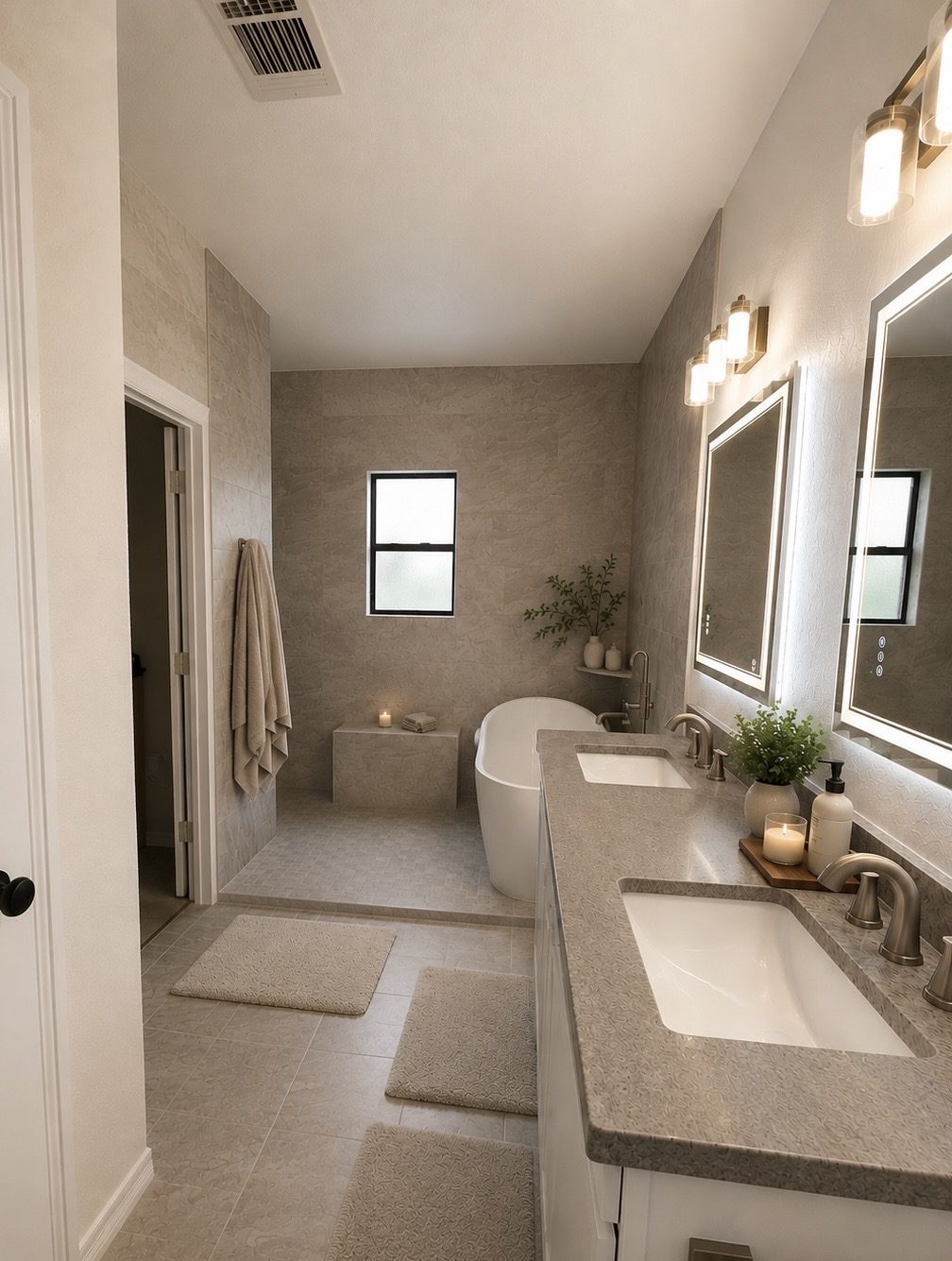 Remodeled primary bath with a double quartz vanity, backlit LED mirrors, and a freestanding tub beneath a window